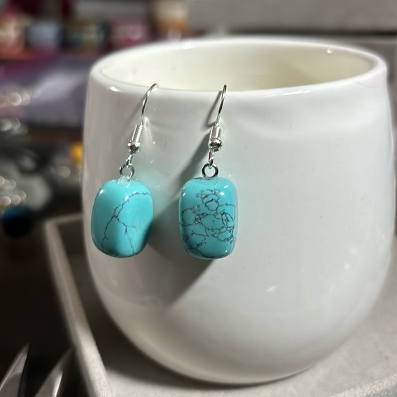 Genuine Turquoise Stone Earrings with Sterling Silver Dangle Posts Green - Picture 3 of 5